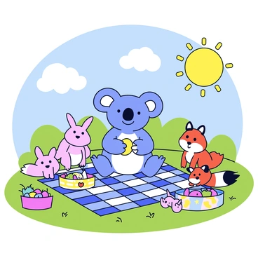 A cheerful koala sitting on a checkered picnic blanket in a grassy field. The koala is holding a piece of fruit in its paws and has a big smile on its face. Surrounding the koala are several other animals, including a small rabbit with long ears and a friendly fox with a bushy tail. There are picnic baskets filled with various fruits and snacks placed around them. The sun is shining brightly and there are a few fluffy clouds in the blue sky.