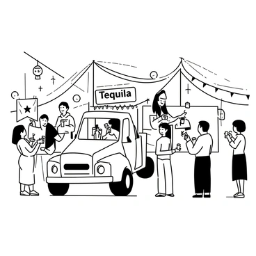 A truck with detailed decorations is parked in a bustling fiesta. The truck features various elements such as "tequila" signage and ornate patterns. Surrounding the truck, there are festive decorations including banners and paper lanterns hanging from nearby structures. People are gathered around the truck, some holding drinks and others chatting animatedly. The atmosphere is filled with energy and excitement as individuals enjoy the celebration. 