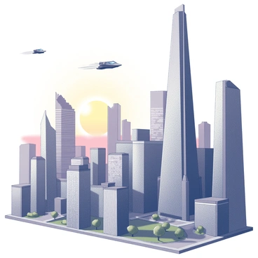 A city skyline filled with multiple skyscrapers of varying heights and designs. Some skyscrapers have large glass panels reflecting the light. There are flying cars moving between the buildings. The scene captures a sunset with a gradient of light in the sky, creating a dynamic atmosphere. The structures have sharp angles and modern architectural features. The ground is lined with pathways and greenery interspersed among the buildings.