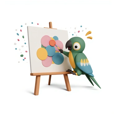 A cartoon parrot, featuring vibrant green feathers with hints of blue and yellow, is perched on a wooden easel. The parrot is using its beak to dab bright red paint onto a large canvas, creating a colorful picture filled with various hues. The background includes splatters of paint in all directions, showcasing the parrot's artistic enthusiasm. The parrot has an expressive face, with wide eyes focused on the canvas, reflecting its creativity and joy.