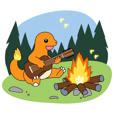 A small Charmander with bright orange scales is sitting comfortably next to a crackling campfire. It has a cheerful expression as it strums a wooden guitar, which is slightly larger than its body. The campfire flames flicker warmly, casting a soft glow around the scene. In the background, there are silhouettes of tall trees, enhancing the outdoor atmosphere. Nearby, a few glowing fireflies dance in the air, adding to the enchanting ambiance of the moment. The ground is covered with patches of green grass and a few scattered pebbles.