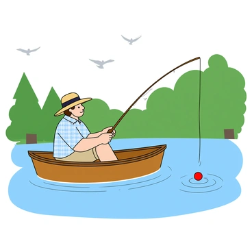 A fisherman with sun-kissed skin and a wide-brimmed hat is sitting in a small wooden boat. He is wearing a light blue checkered shirt and khaki shorts. The boat is gently floating on a calm lake, surrounded by lush green trees and a clear blue sky. The fisherman is holding a fishing rod with a bright red bobber at the end of the line, casting it gracefully into the water. Ripples spread out from where the line hits the surface, creating a peaceful scene. A few birds are flying above, adding life to the serene environment.