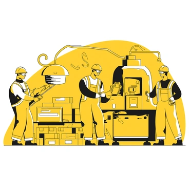 Several workers in a factory setting, wearing yellow safety vests and black helmets. They are engaged in various tasks, with one worker operating machinery, another inspecting components, and a third moving crates. The factory environment includes large machinery in the background, conveyor belts, and tools scattered around. Some workers are wearing gloves and protective eyewear, highlighting their attention to safety while they work.