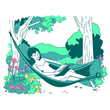 "Marie" is lying comfortably in a "teal" hammock strung between two "white" trees. She is wearing a light summer dress and has her hair tied back. In her hands, she is holding a closed book resting on her lap. Surrounding her are vibrant flowers in various colors, along with green plants and bushes that fill the "lush backyard garden." The sunlight filters through the leaves, casting soft shadows on the ground. A gentle breeze causes the hammock to sway slightly as Marie enjoys the peaceful atmosphere.