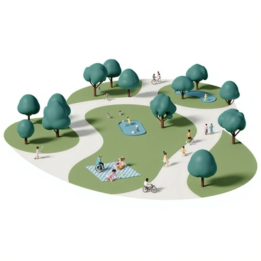 An aerial view of an urban green space, featuring a variety of lush trees and vibrant grassy areas. Several winding walking paths are visible, with people strolling and jogging along them. In one area, a family is having a picnic on a checkered blanket, while nearby, a couple is riding bicycles. Groups of friends are playing frisbee and children are running around, all enjoying leisure activities. The scene is lively, showcasing a blend of nature and urban life.