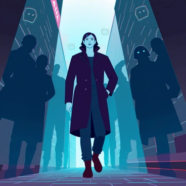 A person with medium skin tone dressed in a long, dark trench coat is walking down a narrow, dimly lit alley. The cobblestone ground is wet, reflecting faint light from overhead street lamps. Surrounding the person are several looming shadowy figures with indistinct features, enhancing the atmosphere of tension. The figures appear to merge with the darkness, their outlines sharp against the faint light, creating an eerie feeling of being watched. The alley walls are lined with graffiti and littered with debris, adding to the gritty environment.