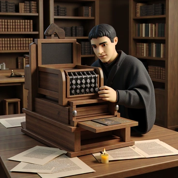 A historical scene featuring Johannes Gutenberg with an early printing press