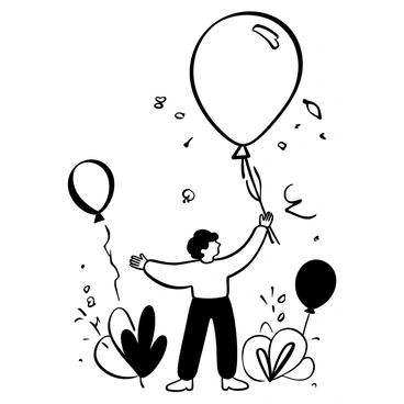 A child standing with their arms slightly raised, looking at a large balloon that is bursting. The child is surrounded by various party decorations such as streamers and banners. There are multiple other balloons scattered around, some inflated and some partially deflated. The ground has scattered confetti pieces, adding to the festive atmosphere.