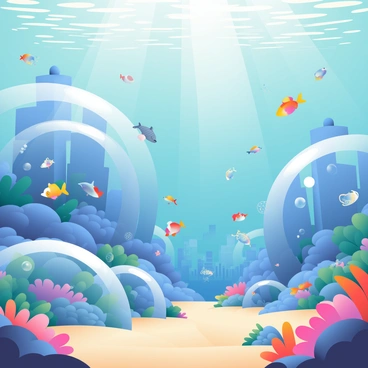 An expansive underwater city features large, gleaming domes made of transparent materials that reflect the light filtering through the water. Various sea creatures, such as colorful fish, graceful jellyfish, and playful dolphins, swim by the structures. Coral gardens surround the city, adding vibrant colors to the underwater landscape. Bubbles rise gently from the ocean floor, and shafts of sunlight create ethereal patterns on the sandy bottom. The scene captures a sense of movement, with schools of fish weaving between the domes and the city details visible in the background.