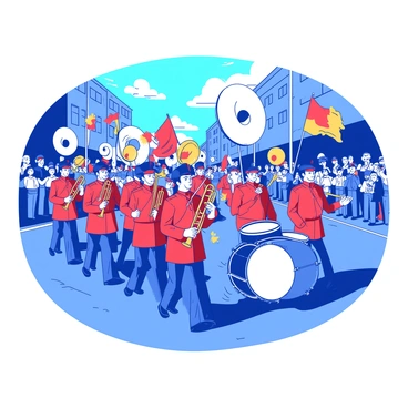 A blue marching band is parading down a vibrant street. The band members are dressed in bright red uniforms adorned with gold trim. Each musician is holding a brass instrument, such as trumpets and trombones, glinting under the sunlight. The drumline at the back features large, bold white drums, with members wearing white gloves as they play in sync. Colorful flags are being waved by some members, adding motion to the scene, while a crowd of excited onlookers is cheering from the sidelines.