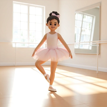 A young girl, wearing a light pink tutu and a matching leotard, is practicing ballet in a bright dance studio. She is standing on one leg, gracefully positioned in an arabesque pose. Her hair is tied back in a neat bun, secured with a pink ribbon. The studio features large mirrors lining the walls, reflecting her movements, and the wooden floor is polished and shiny. Sunlight pours in through the large windows, illuminating the room and creating a warm atmosphere.