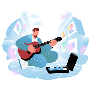 A street musician is sitting on a cobblestone street, playing an acoustic guitar. The musician has a casual outfit, featuring a worn-out jacket and jeans. In front of the musician is an open guitar case, where a few coins and bills are scattered. Surrounding the musician, there are a few colorful, gradient pastel-colored banners and artwork displayed on nearby buildings. A couple of passersby can be seen stopping to listen, creating a lively atmosphere.