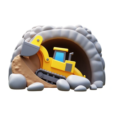 A yellow bulldozer is actively clearing large rocks near the entrance of a mine. The bulldozer's blade is lifted high, showcasing the dirt and debris being pushed away. Surrounding the bulldozer, there are scattered boulders and dust particles being kicked up into the air. In the background, the mouth of the mine is visible, surrounded by rocky terrain and signs of excavation. The sky overhead is clear, allowing bright sunlight to illuminate the scene.
