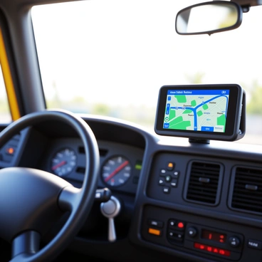 A GPS device mounted on a truck dashboard is displaying a detailed route map. The screen of the GPS shows a colorful map with road names and various icons indicating points of interest. The dashboard is equipped with various controls and displays, and sunlight is casting a reflection on the GPS screen. The interior of the truck cabin is visible, featuring a steering wheel, gear shift, and practical storage compartments.