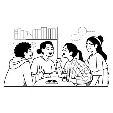 A group of four teenagers is seated around a small wooden table at a café. Two of them are leaning in, laughing, with soft drinks in their hands. One teenager has curly hair and is wearing a casual hoodie, while the other has straight hair tied in a ponytail, dressed in a t-shirt. The third teenager, wearing glasses and a flannel shirt, is animatedly speaking, while the fourth, with a beanie on their head, is smiling and looking at the speaker. There are empty glasses and a small plate of pastries on the table, creating a lively atmosphere. The café has bookshelves in the background and warm lighting that adds to the cozy ambiance.