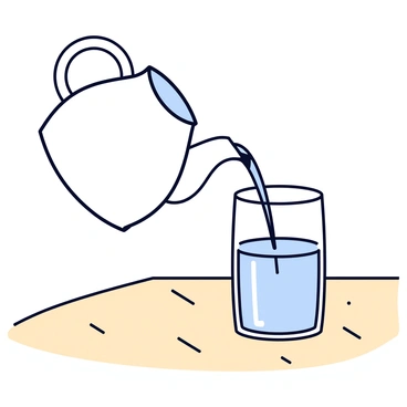 A ceramic jug with a smooth, round shape and a glossy white finish is tilted slightly as it pours clear water into a tall glass. The glass is placed upright on a light-colored wooden table, catching the sunlight that streams across the surface. The table surface displays a few natural wood grains, emphasizing its texture. The sunlight creates soft reflections on the glass, highlighting the water as it cascades inside. The background is softly blurred, focusing attention on the jug and the glass.