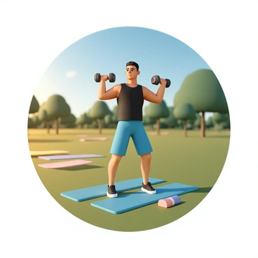 An athletic individual, wearing a black tank top and blue shorts, is performing lateral raises with two dumbbells. The person has an athletic build, with their muscles visibly engaged as they lift the dumbbells to shoulder height. The setting is a sunny park, filled with green grass and a few trees in the background. The sun casts a warm light, creating soft shadows on the ground. There are a couple of colorful exercise mats nearby, and a clear blue sky overhead enhances the vibrancy of the scene.