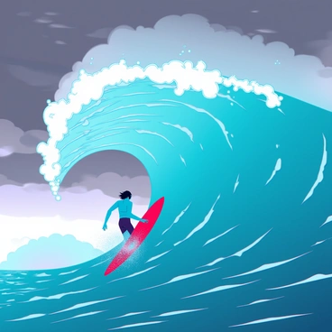 A surfer with tanned skin and dark hair is skillfully riding a colossal wave. The wave towers overhead, showcasing curling, frothy white water at its crest. The sky above is darkened, filled with ominous gray clouds that hint at an approaching storm. The ocean is a deep blue, contrasting with the white spray of the wave. The surfer is focused, balancing perfectly on a vivid red surfboard, highlighting the intensity of the scene. The entire environment conveys the raw power of nature and the thrill of the sport.