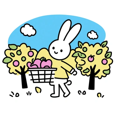 A rabbit character, resembling "Miffy," with a simple white face and long ears, is standing in an orchard. The orchard is filled with apple trees, their branches heavy with red and green apples ready for picking. The ground is covered with fallen leaves in shades of orange, yellow, and brown, indicating the autumn season. "Miffy" is holding a small wicker basket filled with freshly picked apples. The sky above is clear, with a few fluffy clouds drifting by, adding a bright blue hue to the background.