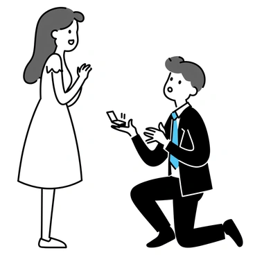 A man is down on one knee, wearing a dark suit with a white shirt and a blue tie. He is nervously holding a small, open ring box in his hand, displaying an engagement ring with a sparkling diamond. His expression shows anticipation and hope as he looks up. In front of him, a woman is standing, dressed in a flowing white dress with delicate lace detailing. She has long hair cascading over her shoulders and her hands are clasped in front of her, showcasing her surprise and emotion as she looks at the man.