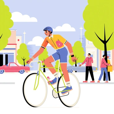 A cyclist wearing a retro helmet and colorful cycling attire is riding a vintage road bike with thin tires and dropped handlebars. The background features a 1960s cityscape with pastel-colored buildings, classic cars parked along the street, and people in period-appropriate clothing walking by. There are trees lining the roads, and a bright blue sky with fluffy white clouds overhead. The cyclist is focused, pedaling energetically down the tree-lined street.