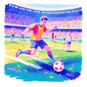 A soccer player, known for his athletic build and signature hairstyle, is poised mid-kick on a grassy soccer field. He is wearing a brightly colored team jersey and shorts. His right foot is extended forward, fully engaged in kicking the ball. The ball is just leaving the ground, captured in the moment of impact. Motion lines radiate from his foot, illustrating the speed and force of the kick. In the background, players from the opposing team are positioned, and the stadium is filled with spectators, enhancing the atmosphere of a live match.