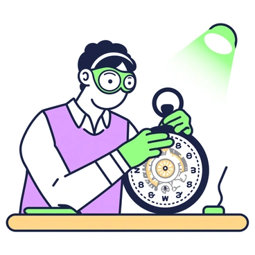 A watchmaker using a loupe to inspect the delicate gears of a pocket watch