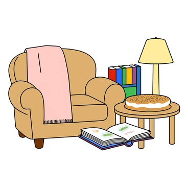 A cozy reading nook featuring a cushioned chair with a soft, pastel-colored throw blanket draped over it. Next to the chair is a small round table made of light wood. On the table, there is an open book with pages slightly fluttering, revealing a few colorful illustrations. Beside the book, there is a cream cheese bagel topped with a sprinkle of poppy seeds. The nook is softly illuminated by a warm table lamp with a rounded shade, creating a welcoming atmosphere. A small bookshelf filled with colorful books is visible in the background, adding to the inviting feel of the space.
