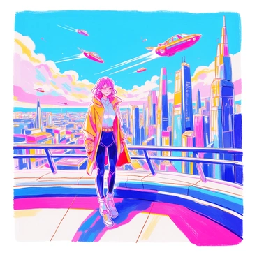 A figure named "Webbi" is standing confidently in front of a futuristic city skyline. Webbi is dressed in a sleek, modern outfit with glowing accents. The skyline is filled with tall, sleek buildings made of glass and metal, reflecting the sunlight. In the sky above, several flying cars are zipping past, leaving trails of light behind them. The scene features a bright blue sky, and the horizon is dotted with advanced structures that hint at advanced technology.