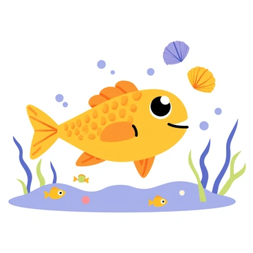 A cartoon fish with bright orange scales and large expressive eyes is underwater. The fish is joyfully juggling three colorful seashells, each a different hue: one is purple, another is teal, and the last is yellow. Bubbles are rising around the fish as it performs its act, and a variety of sea plants sway gently in the background. Small, curious fish swim nearby, watching the juggling performance with fascination. The water has a light blue tint, adding to the underwater atmosphere.