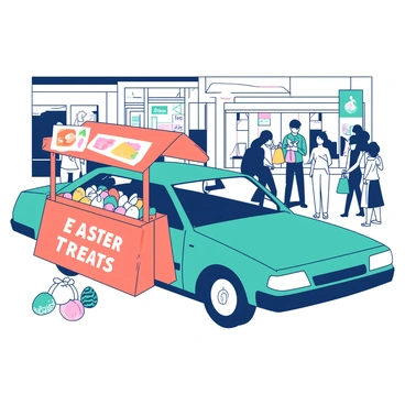 A car with a pop-up stand selling Easter treats on a busy street