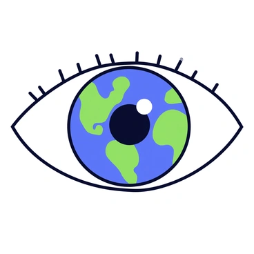 An eye with a detailed iris that resembles the Earth. The iris features vibrant blue oceans and green landmasses, intricately patterned to showcase continents and islands. The pupil is black and round, set against the colorful iris. The whites of the eye are bright and clear, providing a stark contrast to the Earth-themed iris. The eyelashes are prominent and dark, framing the eye effectively.