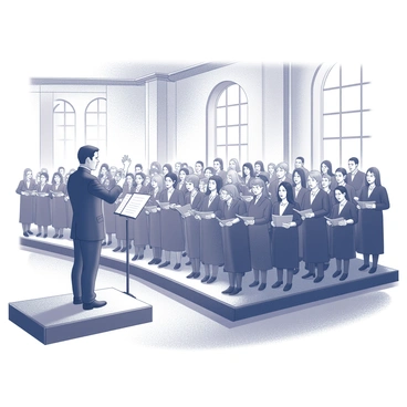 A group of singers arranged in rows, focused on their musical sheets. They are standing on a wooden stage, with a choirmaster in front of them. The choirmaster is gesturing with one hand raised, providing direction and encouragement. The singers are wearing formal black attire, with some holding folders and others open-mouthed in song. The setting has a high ceiling with ornate details, and there are large windows allowing natural light to filter through.