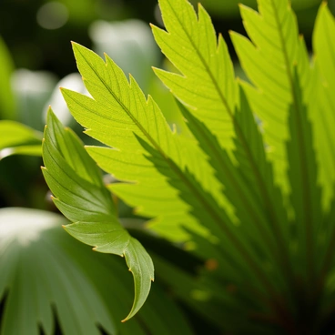 A close-up view of a giant fern leaf unfurling. The leaf showcases intricate patterns with deep green hues visible on its surface. The edges of the leaf have a delicate, frilled appearance. Soft, blurred background elements suggest a dense, lush environment. The light catches the textures of the leaf, highlighting the veining and contours that add depth to the image.