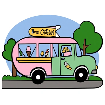 A vintage-style ice cream truck with a rounded body and large wheels is parked on a sunny street. The truck features retro signage that reads "Ice Cream" in playful, bold letters. It has pastel colors with light pink, mint green, and soft yellow details. The windows of the truck are adorned with decorative curtains. On one side, there are illustrations of ice cream cones and popsicles. The truck is set against a backdrop of trees and a clear blue sky, giving a cheerful and inviting atmosphere.