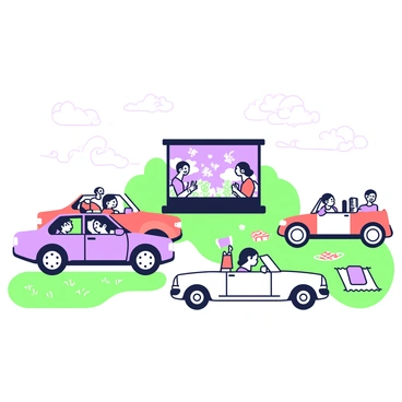 A drive-in movie theater scene showcases several cars parked in front of a large screen. Each car has passengers visible through the windows, engaged in watching the film. To the left, a blue sedan has a group of three friends, with one person reclining in the passenger seat. Next to it, a red SUV is occupied by a family of four, with children laughing and sharing popcorn. In the background, the movie screen displays a vibrant film scene. The driveway is lined with green grass and a few scattered picnic blankets. A classic convertible is parked near the center, with a couple sharing snacks in the front seats.