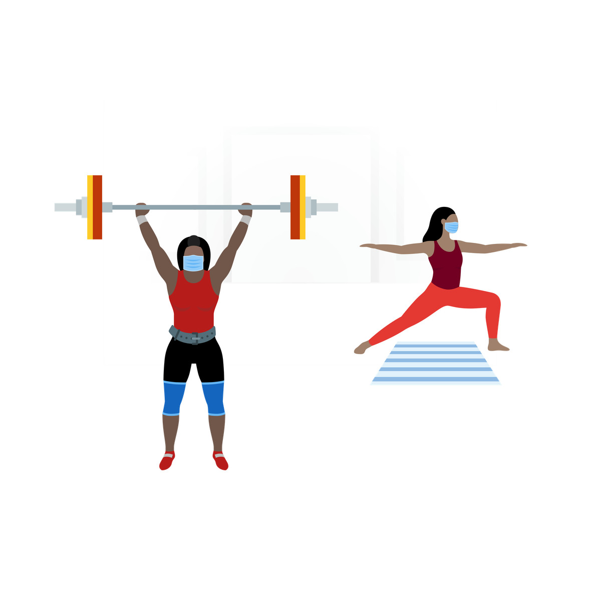 People in face masks exercising fitness center illustrazione stile Fogg scarica PNG, SVG