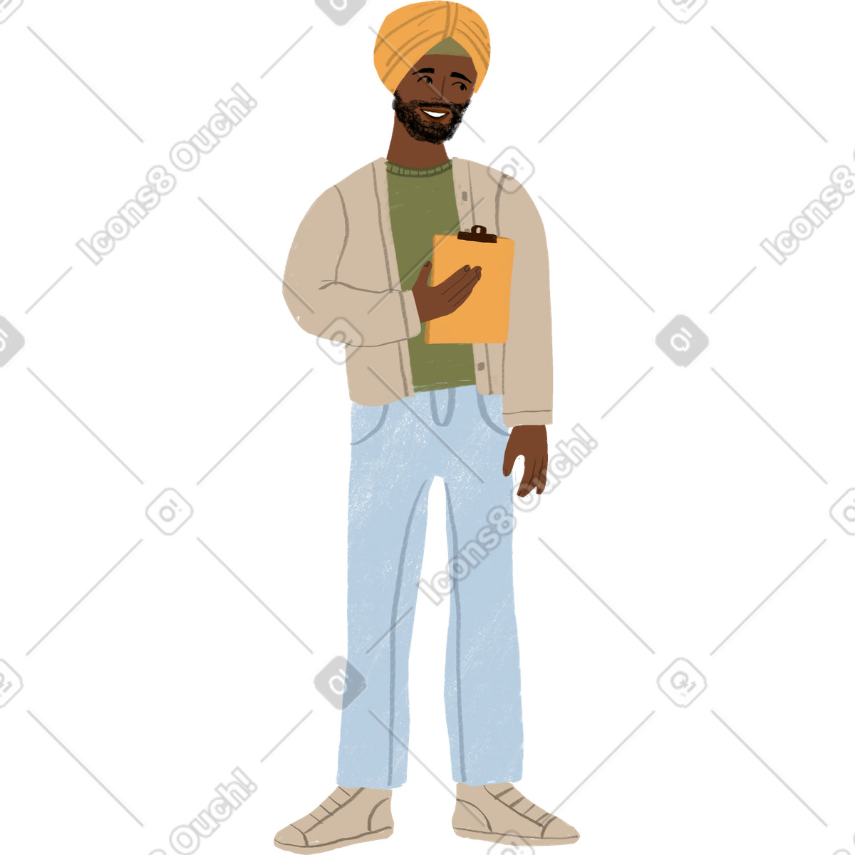 Man in turban smiling with a clipboard his hand illustration Lumiere style download PNG, SVG