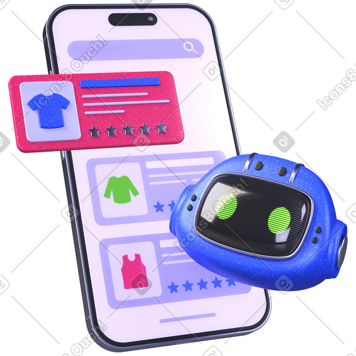 AI shopping assistant, Mobile product recommendations, Smart e-commerce bot illustration in PNG, SVG