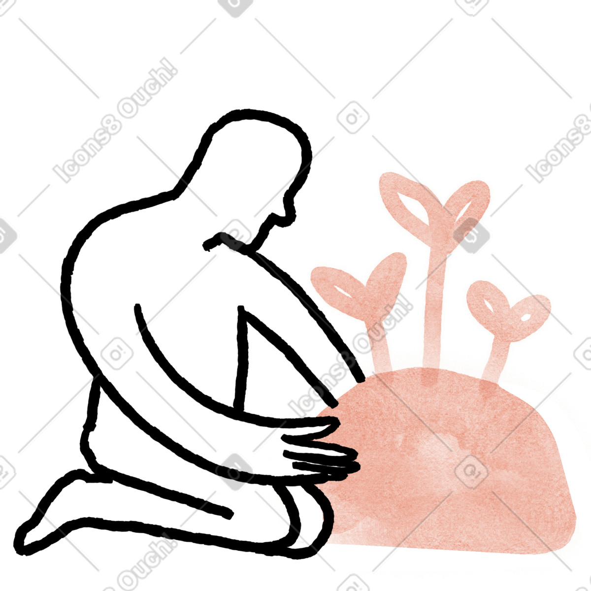 Illustration Nurture concept with kneeling figure embracing sprouting heart plants dans le style Anthropic Claude Hand Drawn à télécharger aux formats PNG, SVG