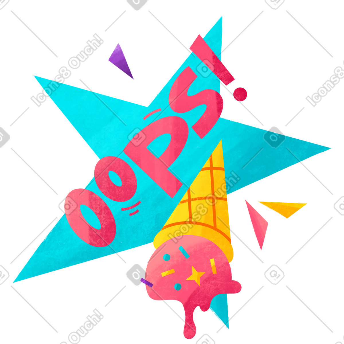 Ilustración Falling ice cream cone with oops lettering, Mistake or error message en estilo Bonbon a descargar en PNG y SVG