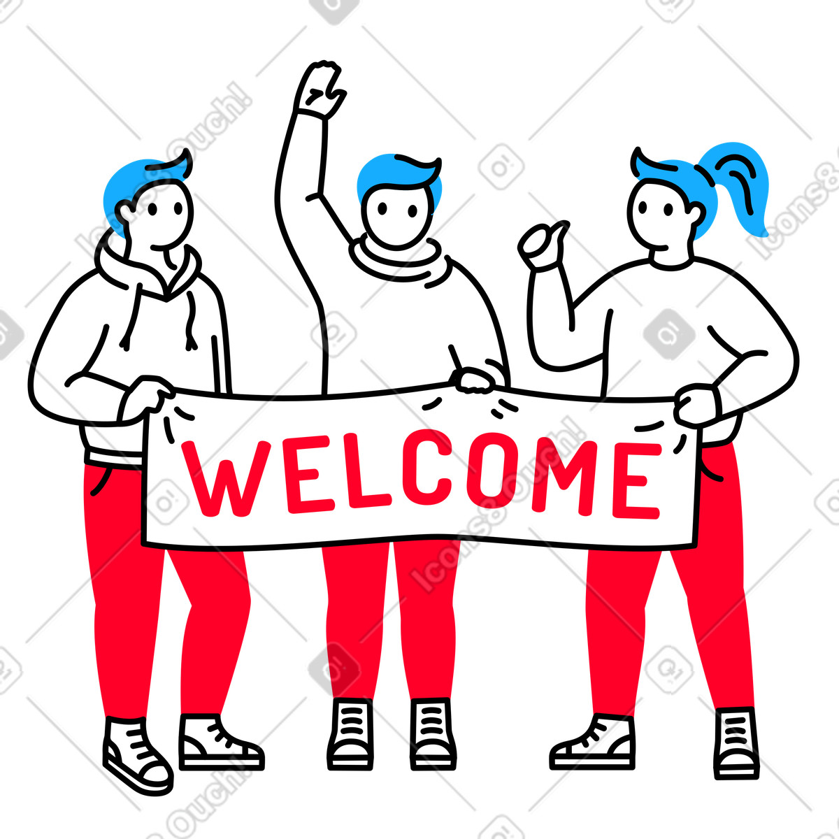 Two men and a woman holding a welcome sign illustration cartoon clipart vector graphics SVG