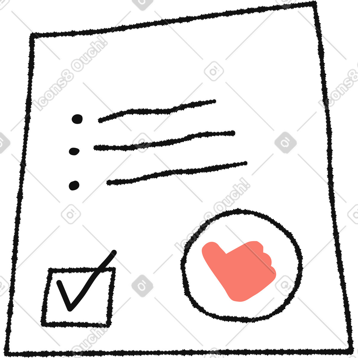Document approval checklist with bullet points and red thumbs up stamp illustrazione in stile Bold People scarica in PNG, SVG