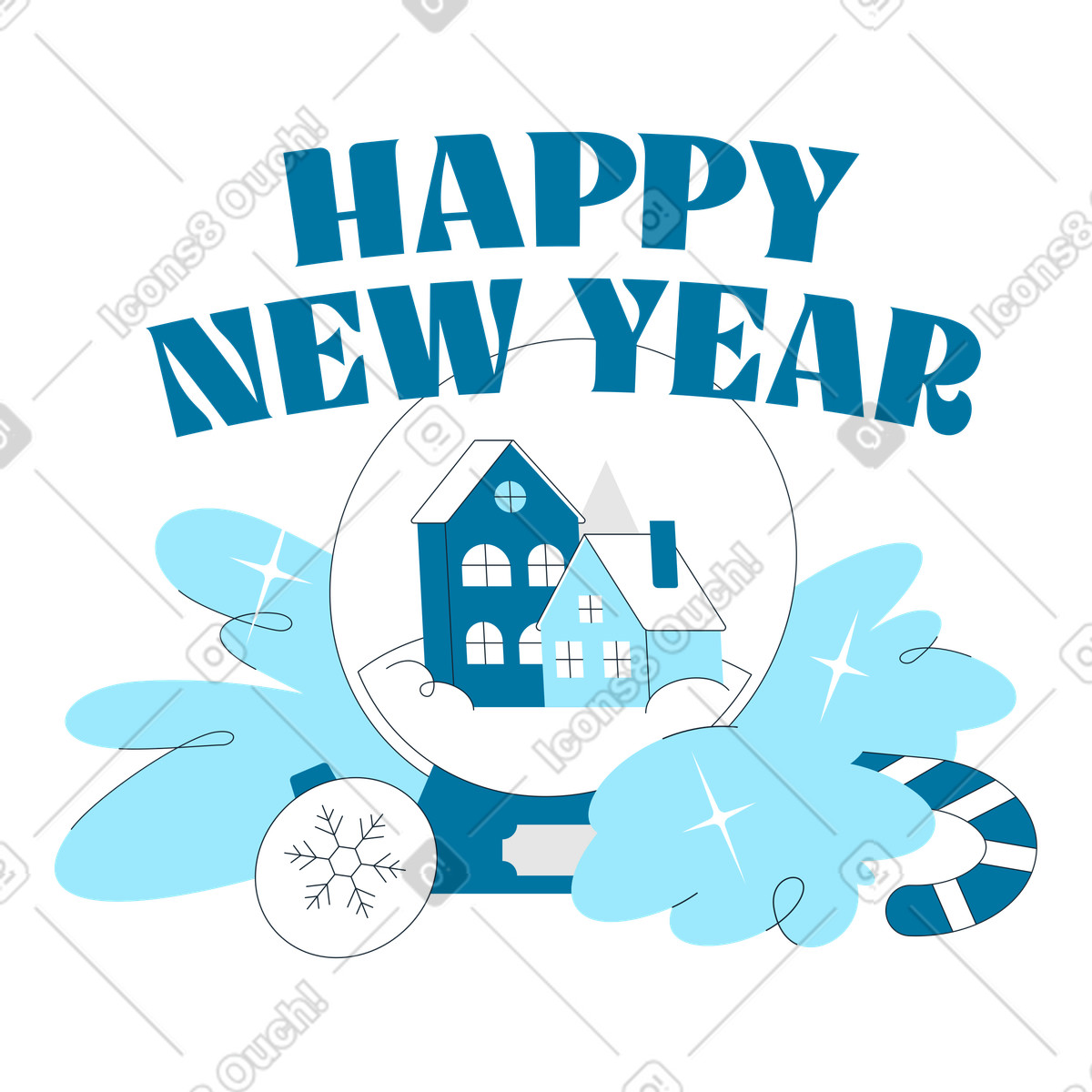 Ilustración Happy New Year lettering with holiday decorations en estilo Indigo a descargar en PNG y SVG
