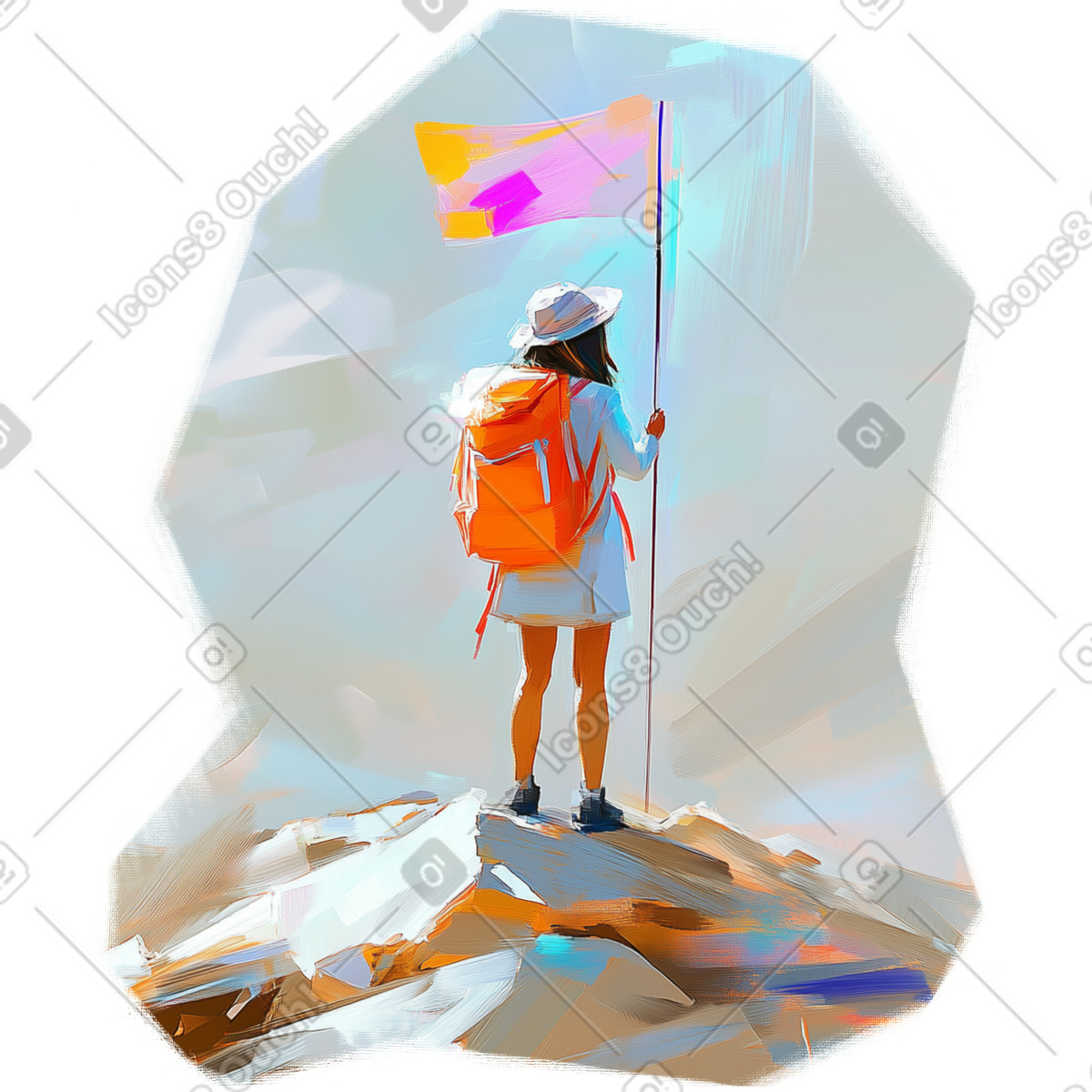 Иллюстрация Oil painting of tourist raising flag on mountain top в стиле Pictorial — скачать в форматах PNG, SVG