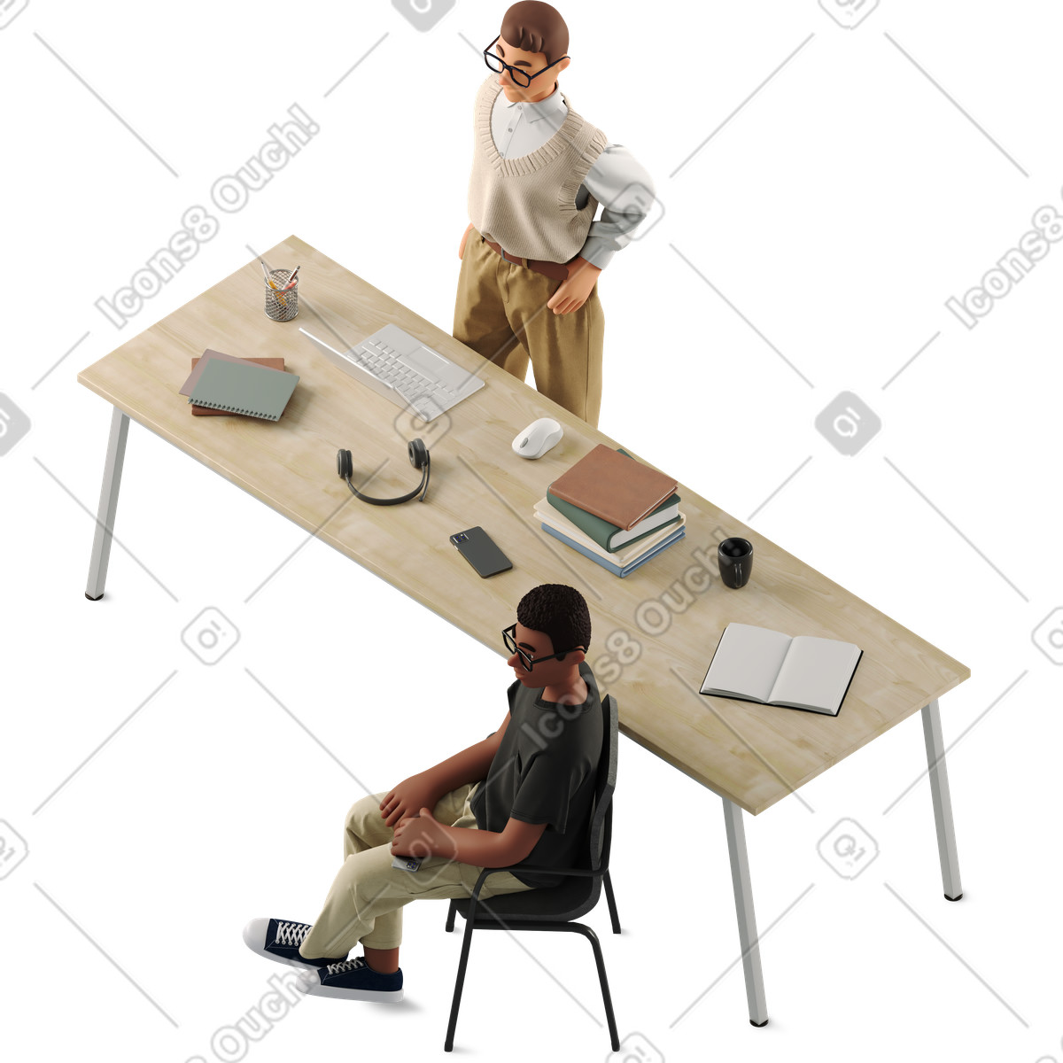 Two young men working at a common table illustration in 3D Business style download in PNG, SVG