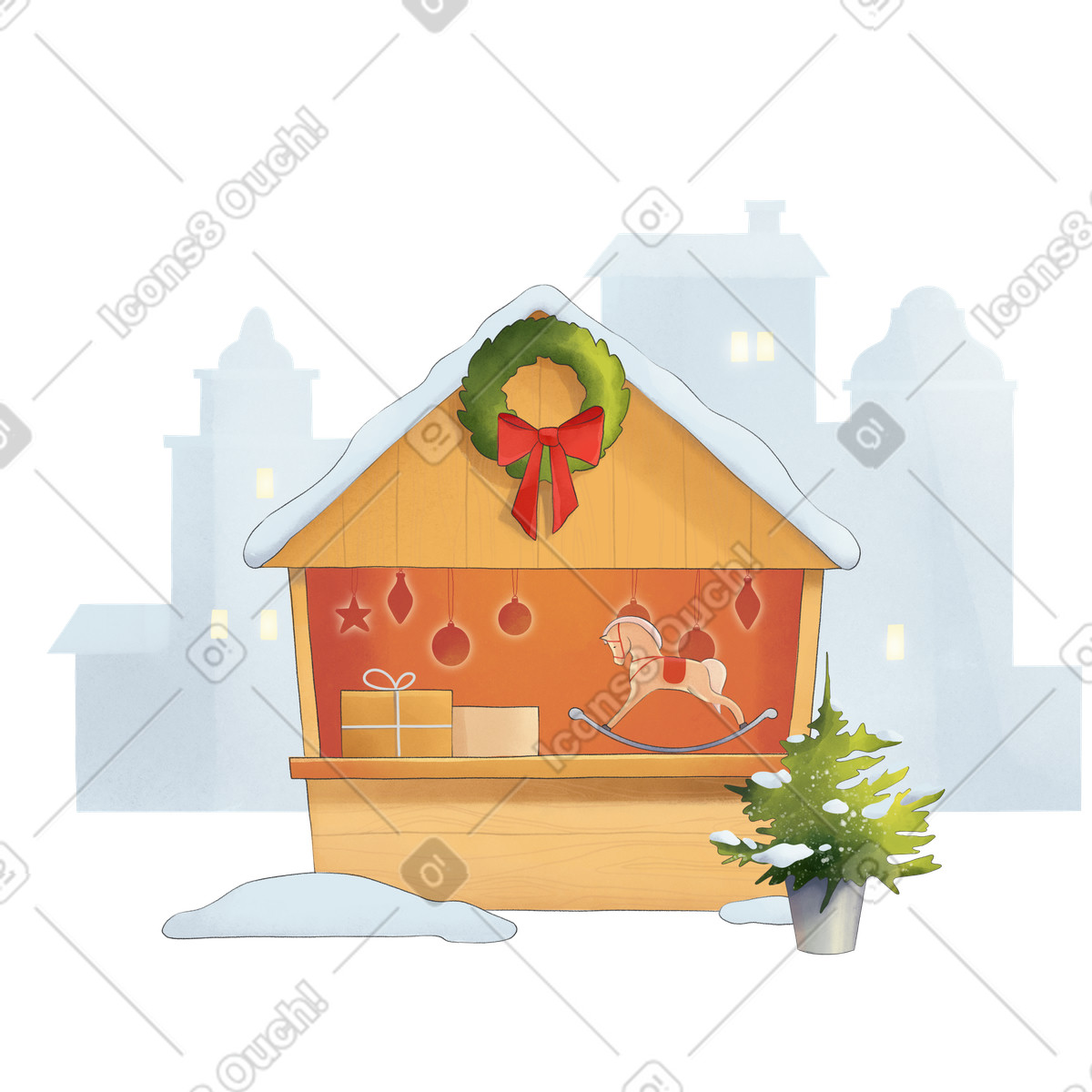 Christmas shop with gifts on the background of city illustration in Seasons style download in PNG, SVG