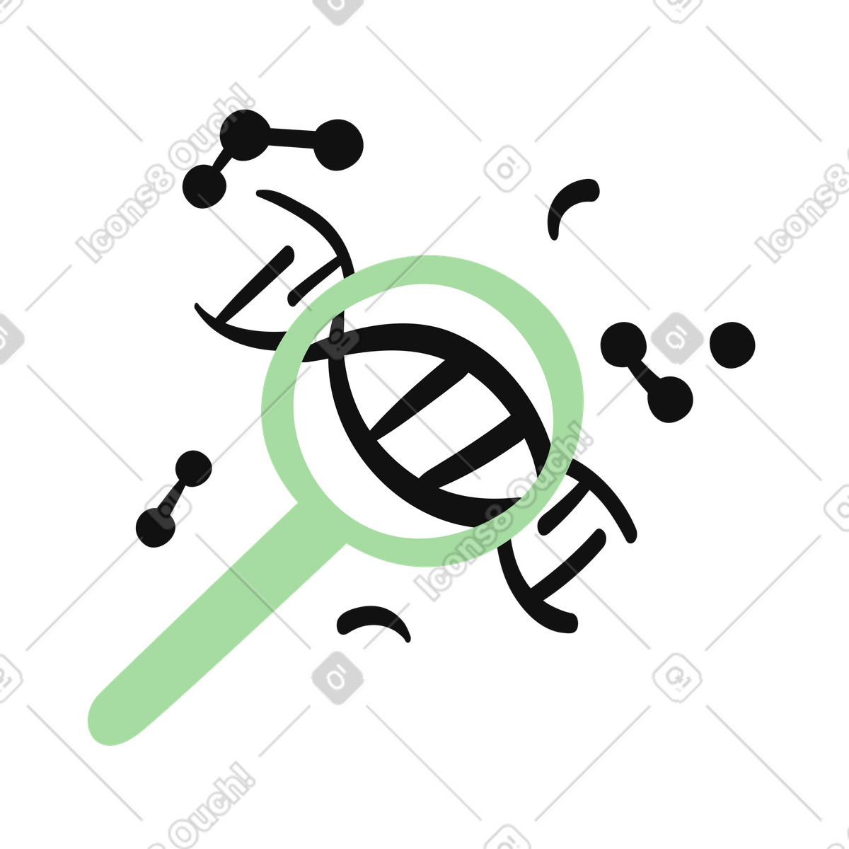 Illustration Dna strand under magnifying glass for genetic research and analysis dans le style Organic à télécharger aux formats PNG, SVG