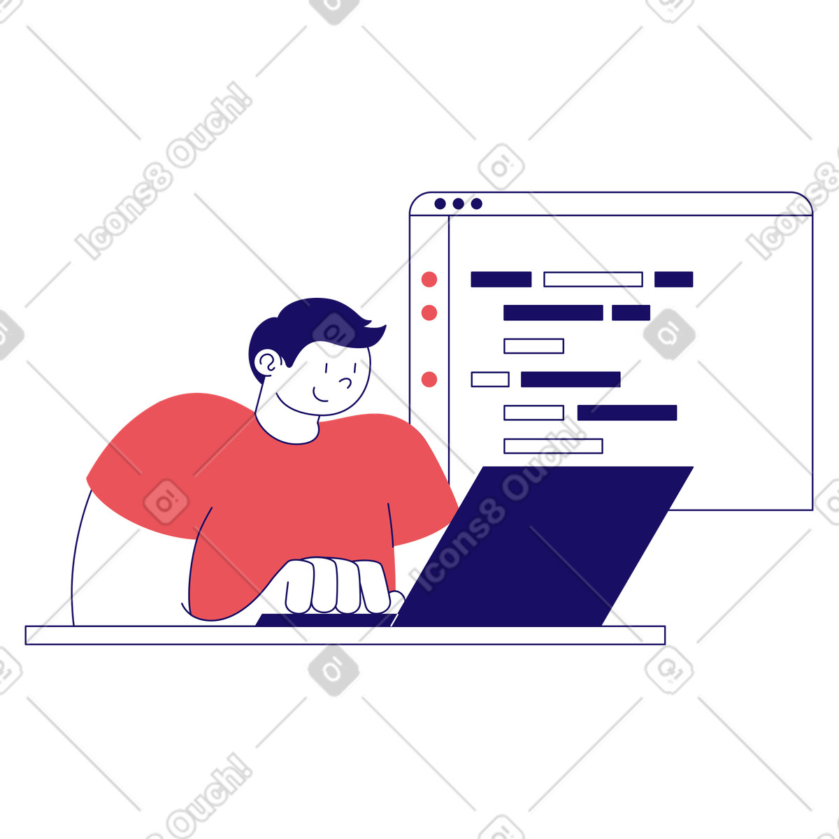 Illustration animée Développeur homme écrivant le code de programmation dans style Bendy à télécharger aux formats GIF, Lottie (JSON), AE