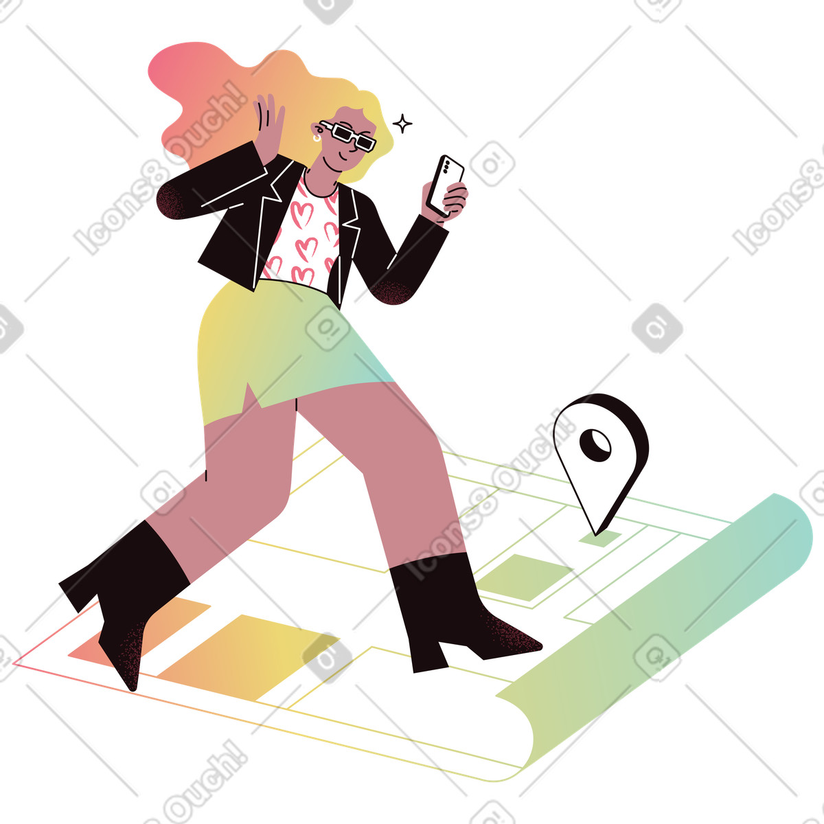 Иллюстрация Using map on smartphone for navigation in city, route planning and location services в стиле Delight — скачать в форматах PNG, SVG